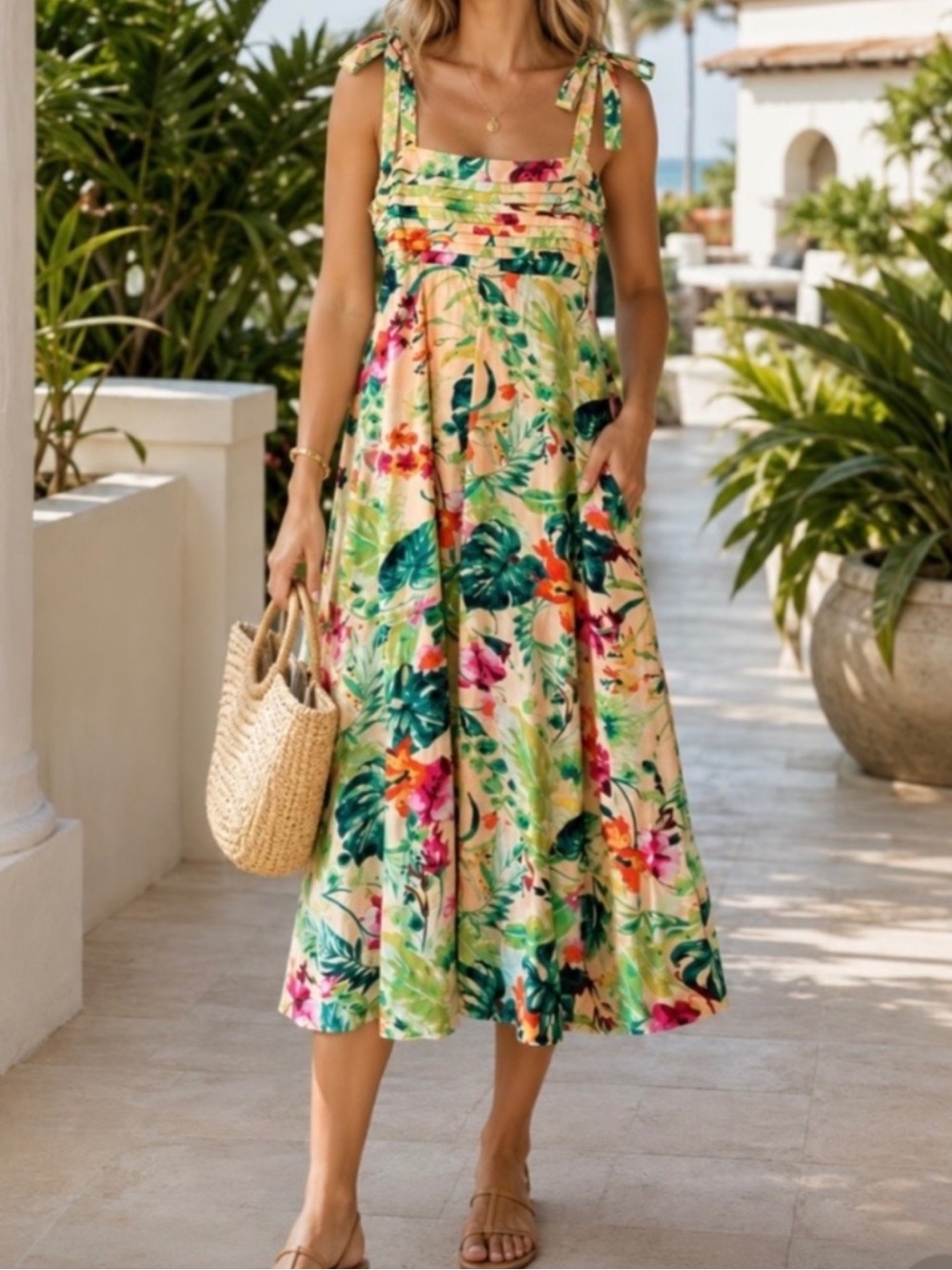 Taylor Square Neck Floral A-Line Dress Pockets Size Large Tie-Shoulder Pleated